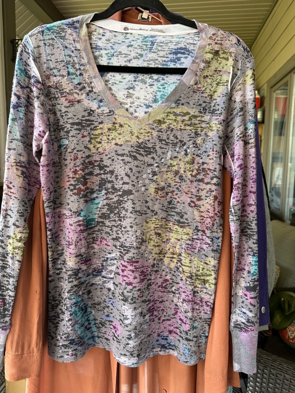 V-Neck Long Sleeve Top by Vintage Highway - Pastel Multicolor Medium NWOT